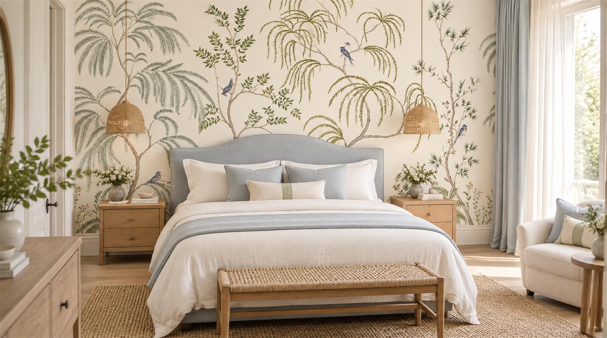 Ivory And Neutral Palm Leaves Decorative Wallpaper Mural Accent-wall-wallpaper-murals, Peel-and-stick Finish
