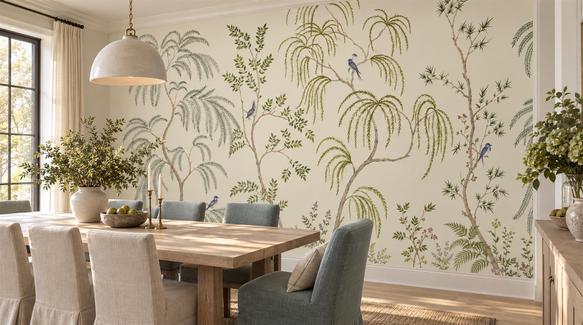 Ivory And Neutral Palm Leaves Decorative Wallpaper Mural Dining-room-wallpaper-murals, Shown In A Dining Room, Peel-and-stick Finish