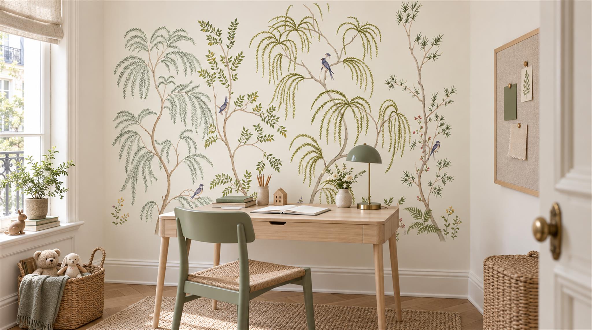 Ivory And Neutral Palm Leaves Decorative Wallpaper Mural Living-room-wallpaper-murals, Peel-and-stick Finish