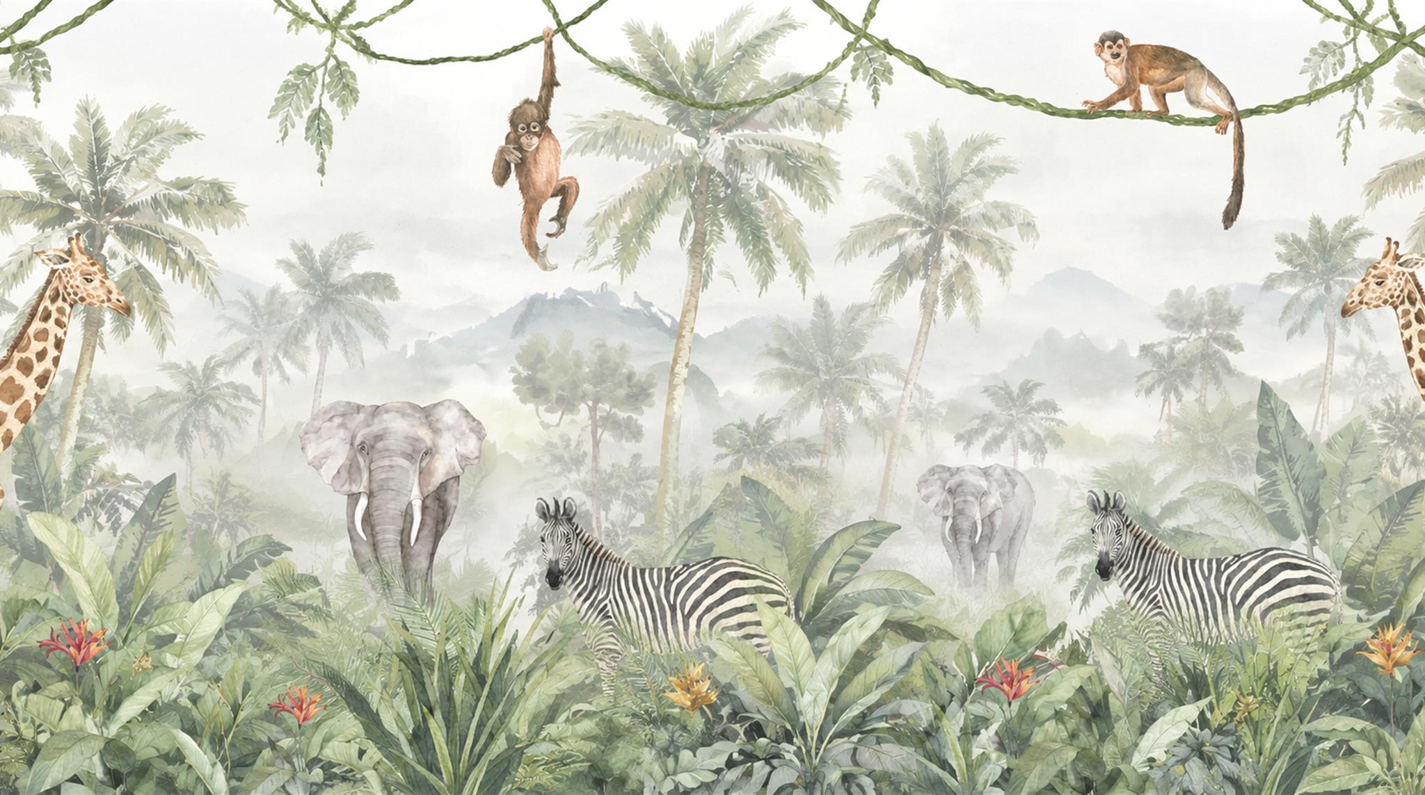 Neutral Safari Animals Wallpaper Mural, Peel-and-stick Finish