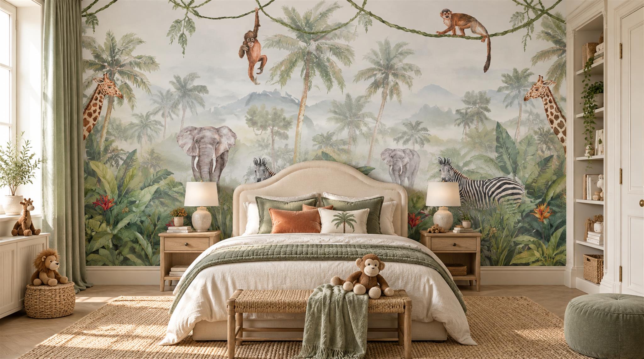 Neutral Safari Animals Wallpaper Mural, Shown In A Nursery, Peel-and-stick Finish