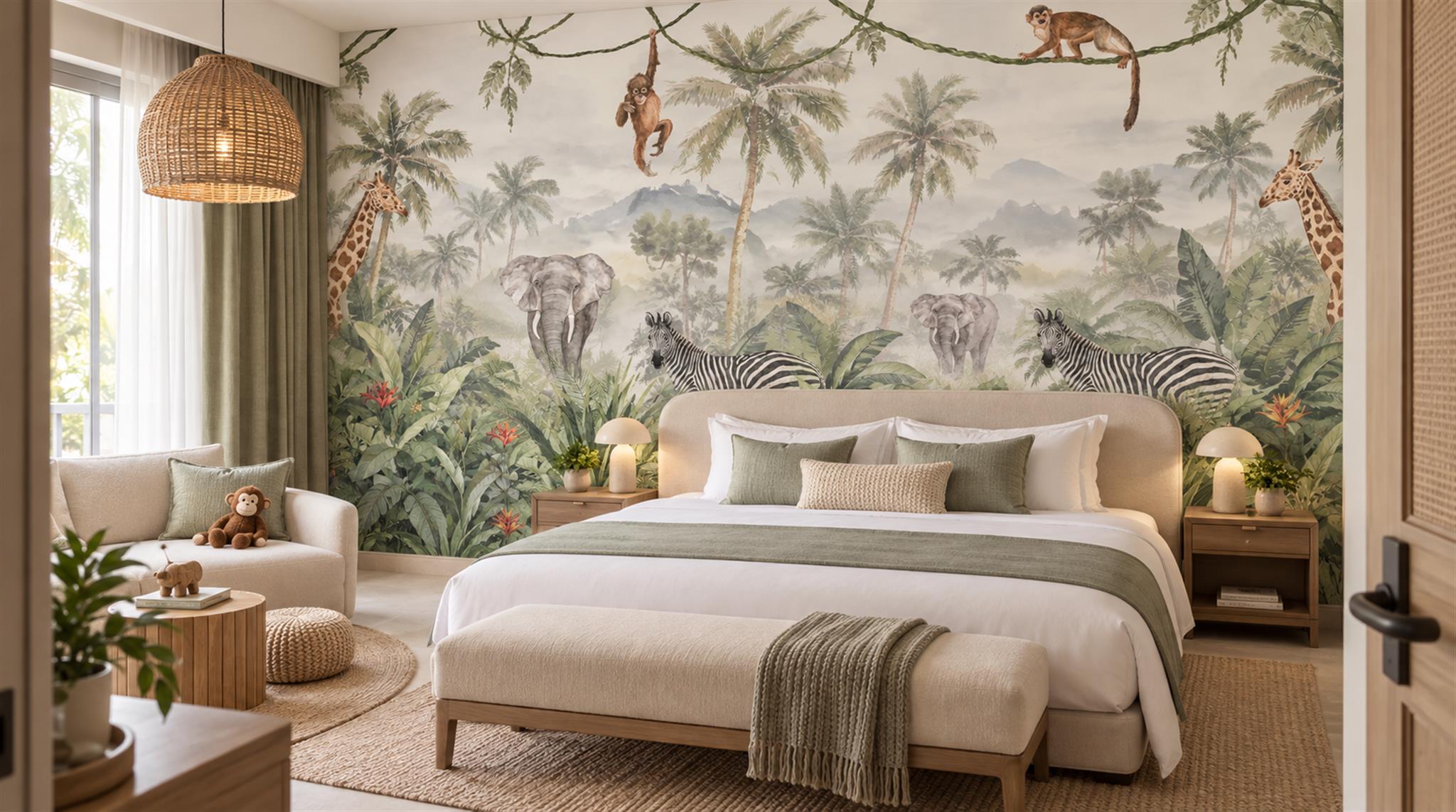 Neutral Safari Animals Wallpaper Mural, Peel-and-stick Finish