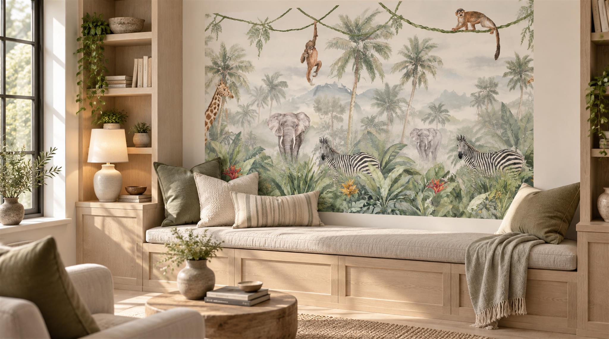 Neutral Safari Animals Wallpaper Mural, Peel-and-stick Finish
