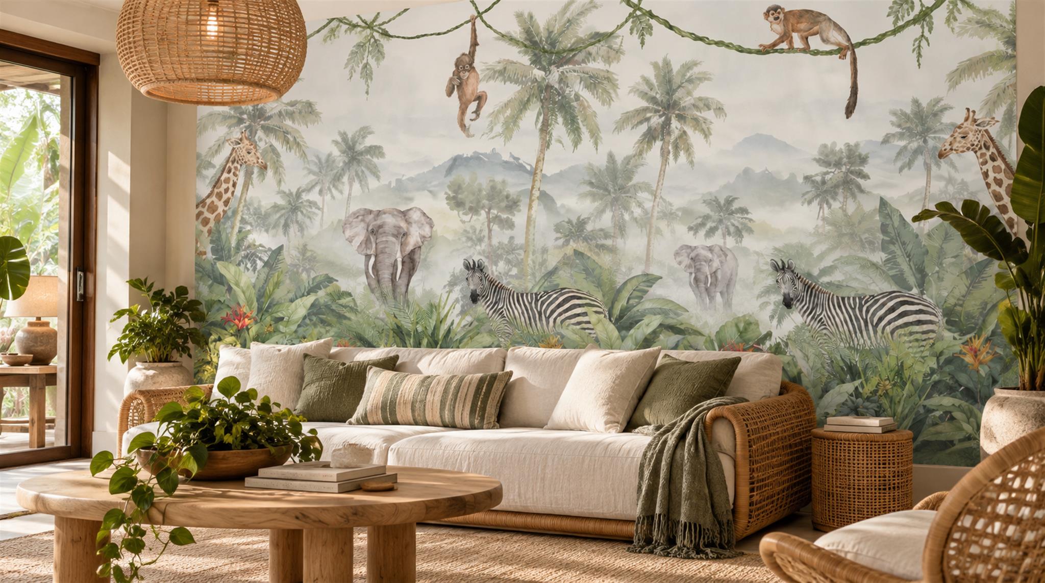 Neutral Safari Animals Wallpaper Mural, Peel-and-stick Finish
