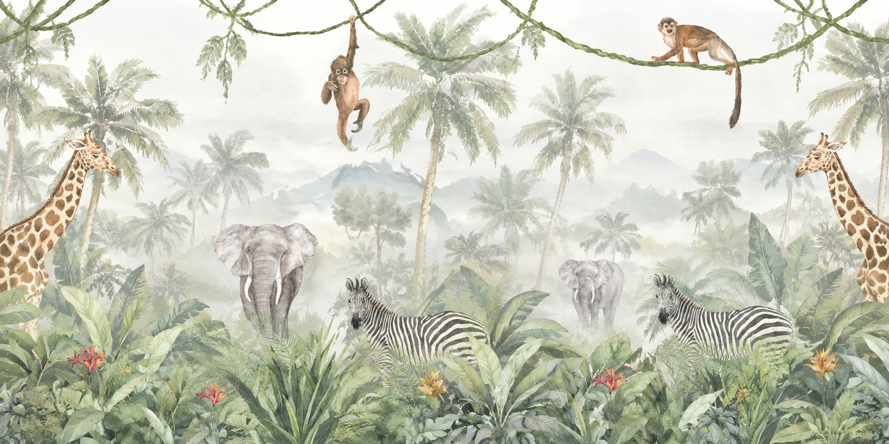 Neutral Safari Animals Wallpaper Mural, Peel-and-stick Finish