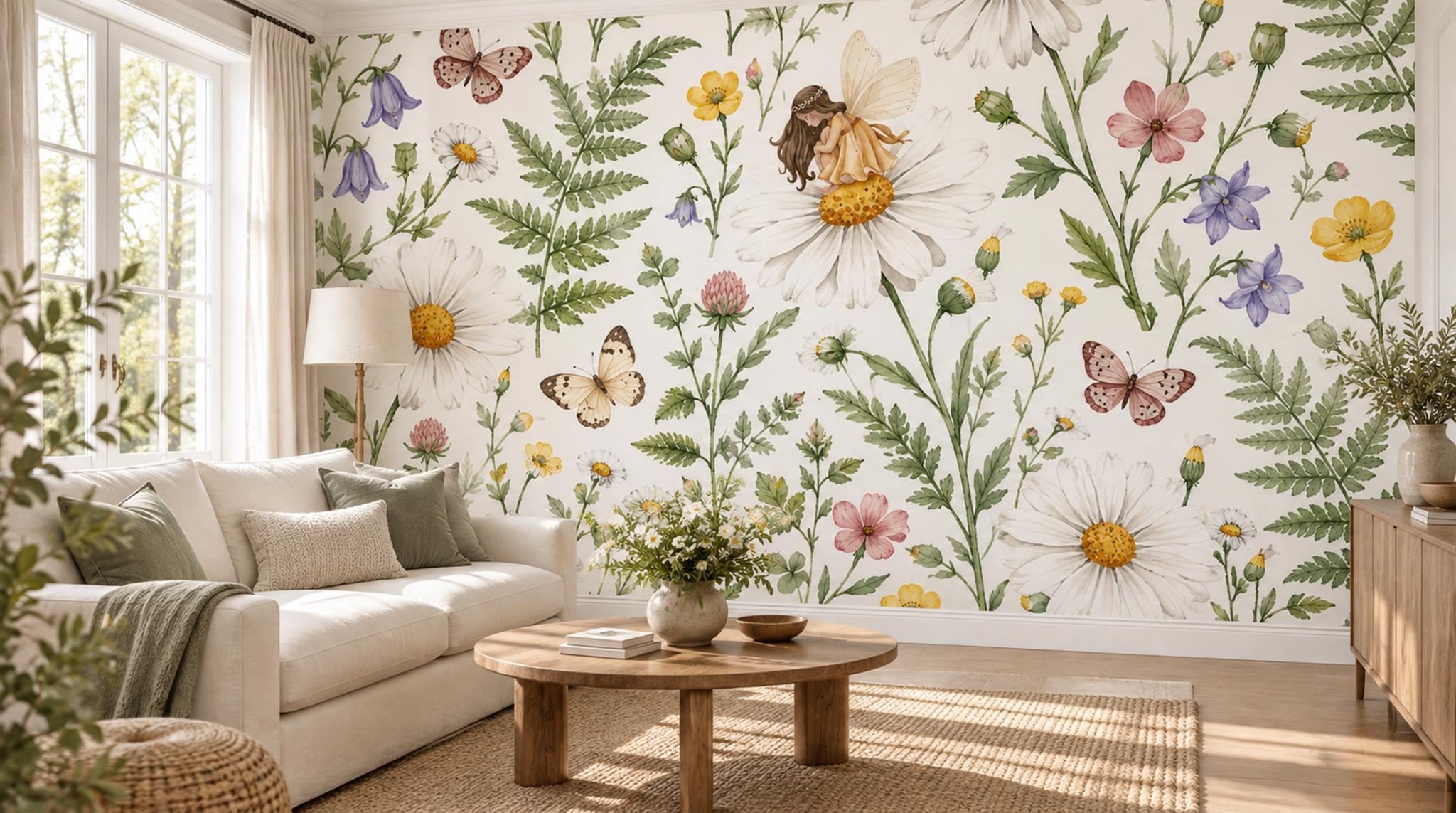 Ivory And Neutral Floral Forms Layered Wallpaper Mural Living-room-wallpaper-murals, Shown In A Living Room, Peel-and-stick Finish