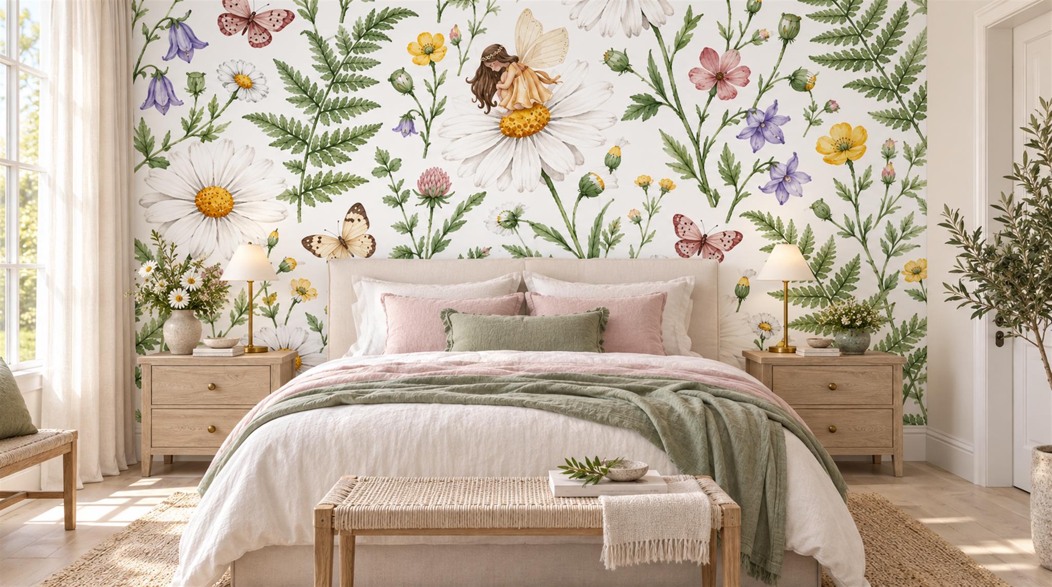 Ivory And Neutral Floral Forms Layered Wallpaper Mural Bedroom-wallpaper-murals, Peel-and-stick Finish