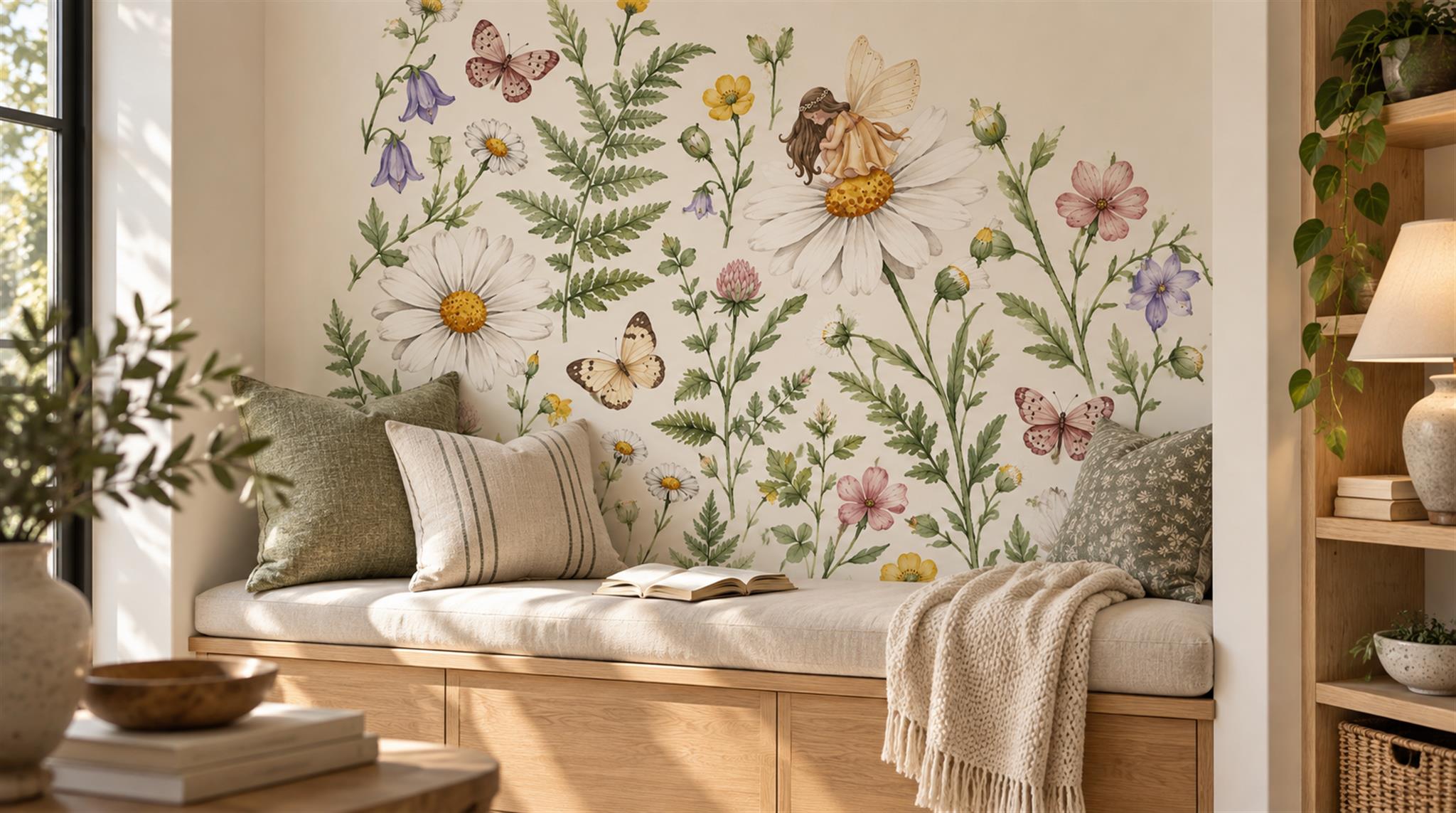 Ivory And Neutral Floral Forms Layered Wallpaper Mural Accent-wall-wallpaper-murals, Peel-and-stick Finish