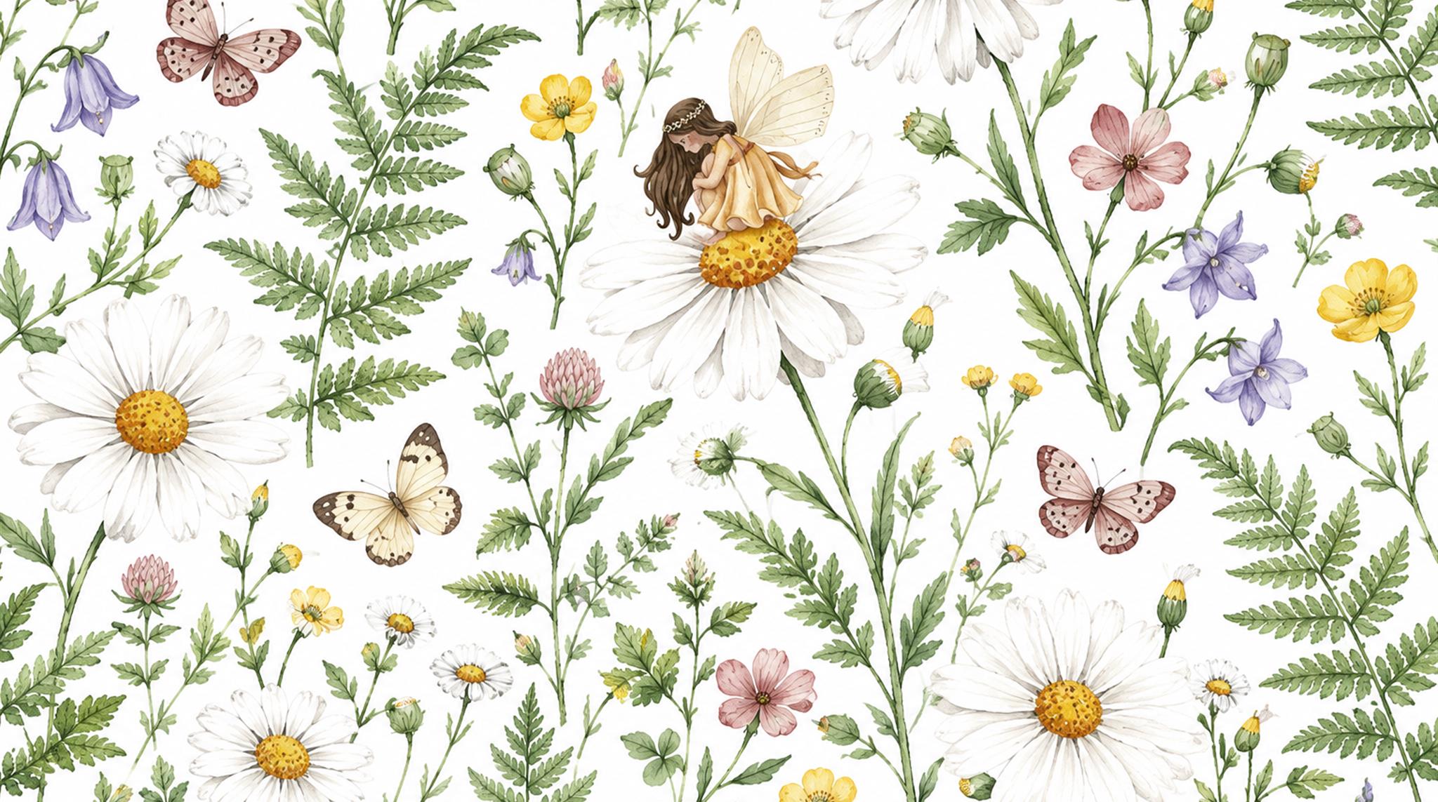 Wildflower Meadow And Butterflies Wallpaper Mural — Wallpaper Mural Design, Peel-and-stick Finish