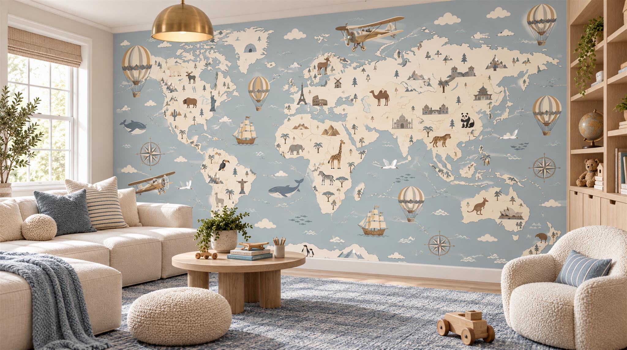 Blue And Neutral Abstract Forms Painterly Wallpaper Mural Family-room-wallpaper-murals, Peel-and-stick Finish