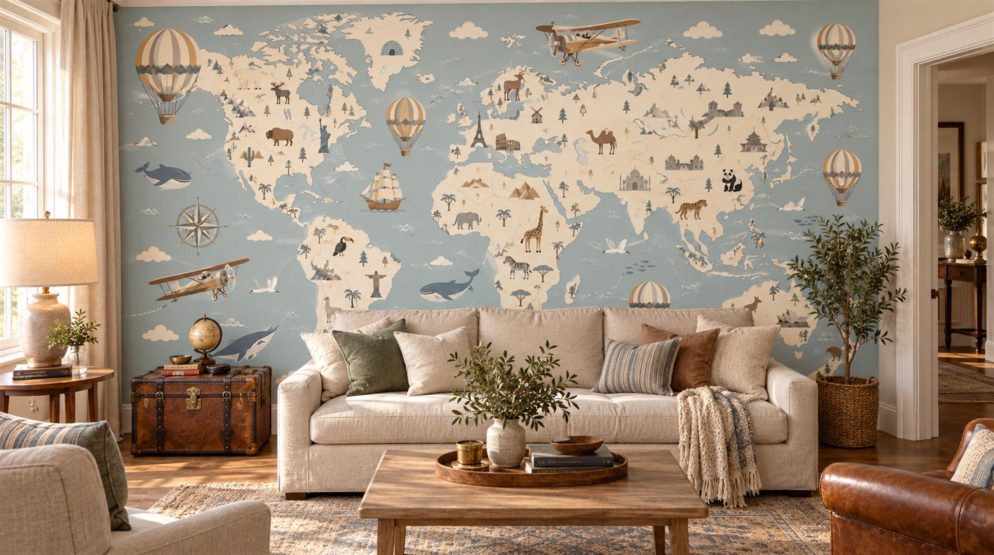 Blue And Neutral Abstract Forms Painterly Wallpaper Mural Accent-wall-wallpaper-murals, Peel-and-stick Finish