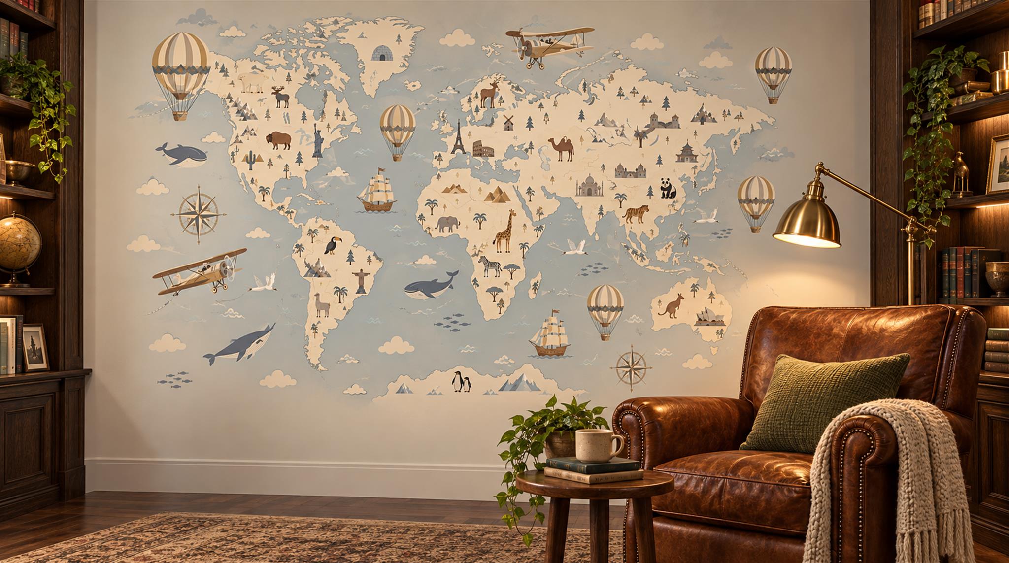 Blue And Neutral Abstract Forms Painterly Wallpaper Mural Library-wallpaper-murals, Peel-and-stick Finish