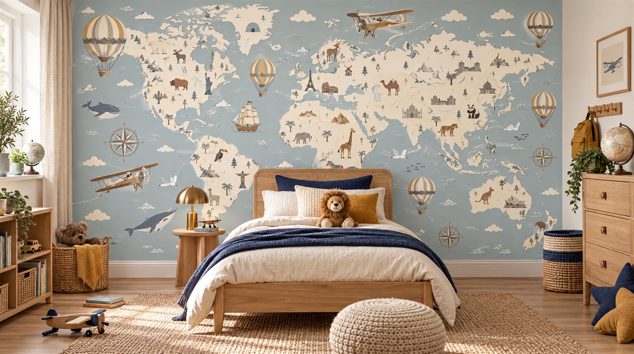 Blue And Neutral Abstract Forms Painterly Wallpaper Mural Nursery-wallpaper-murals, Peel-and-stick Finish