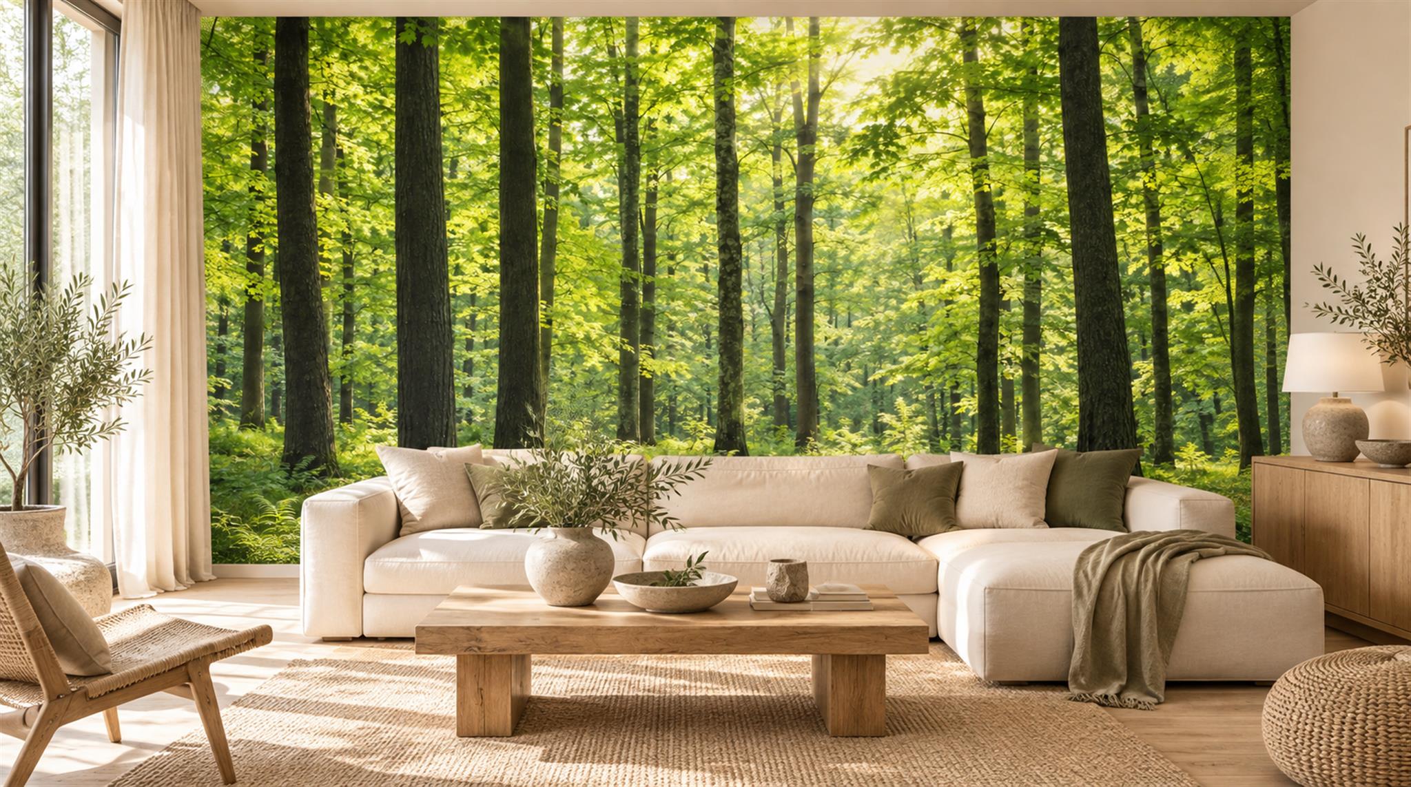 Green And Neutral Woodland Trees Layered Wallpaper Mural Living-room-wallpaper-murals, Shown In A Living Room, Peel-and-stick Finish