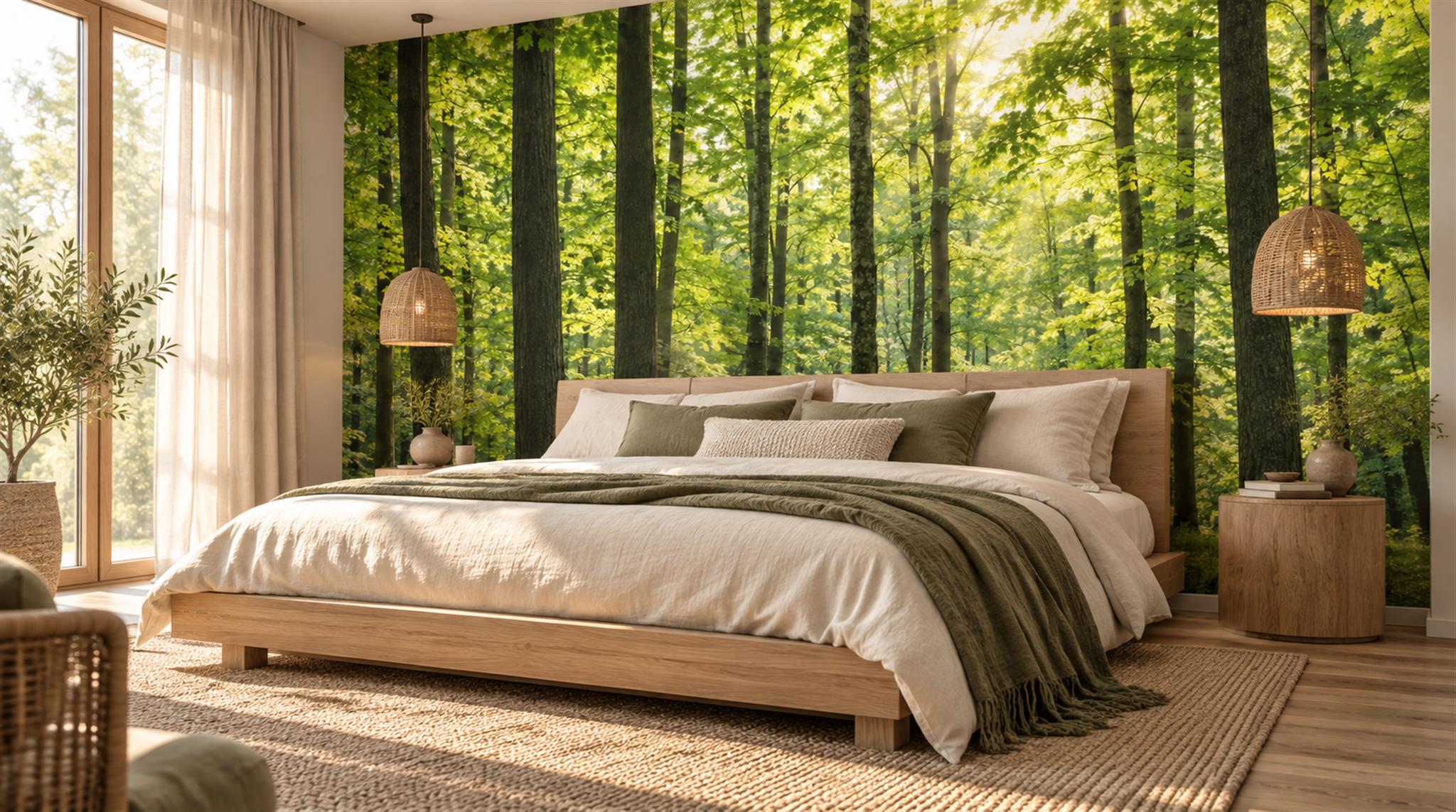 Green And Neutral Woodland Trees Layered Wallpaper Mural Bedroom-wallpaper-murals, Peel-and-stick Finish