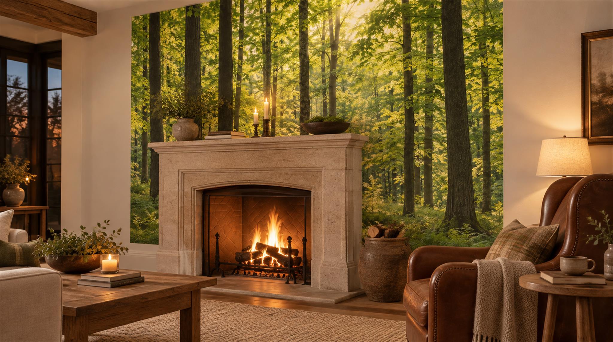 Green And Neutral Woodland Trees Layered Wallpaper Mural Accent-wall-wallpaper-murals, Peel-and-stick Finish