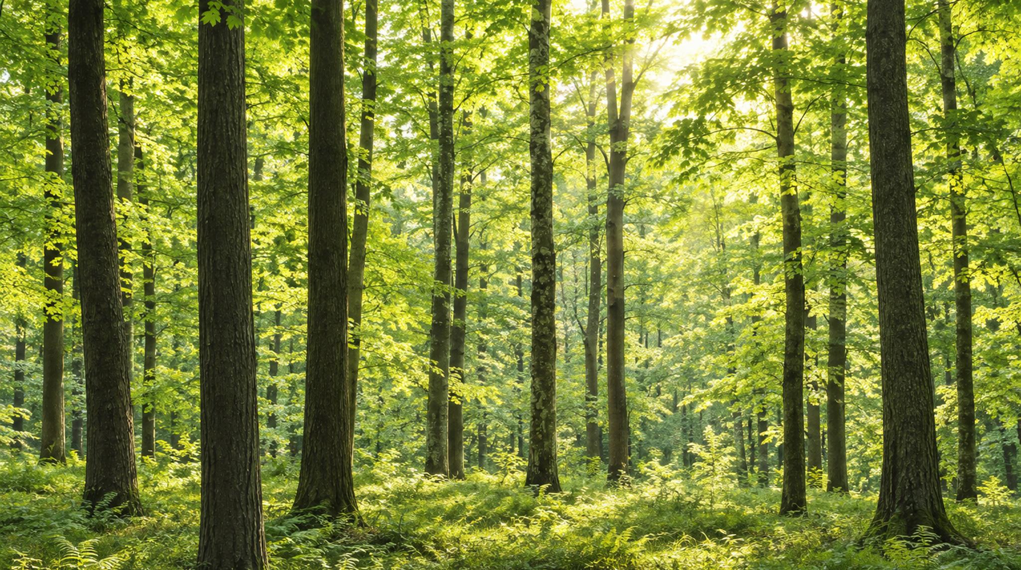 Sunlit Green Forest Trees Wallpaper Mural — Wallpaper Mural Design, Peel-and-stick Finish