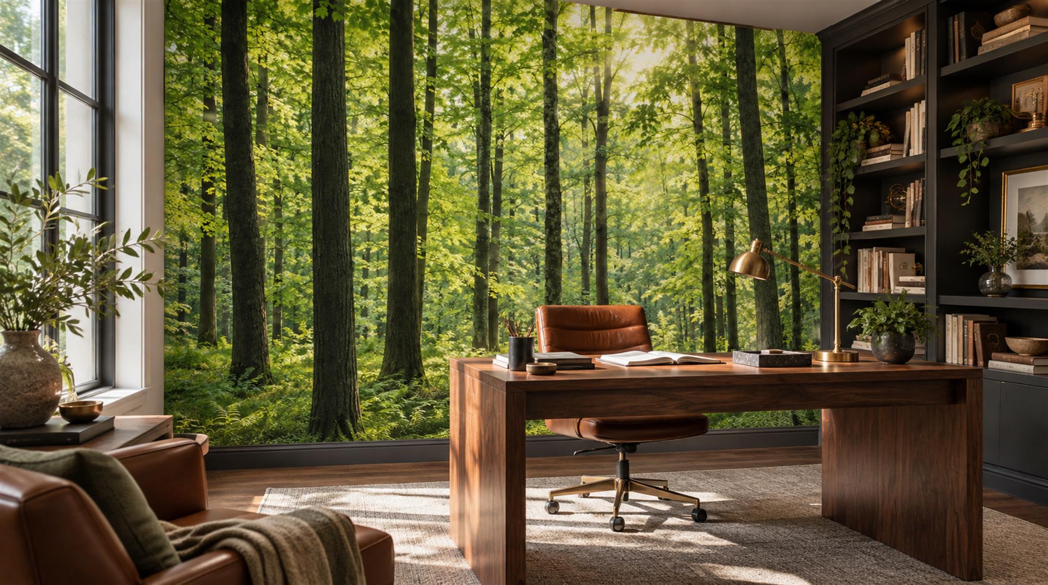 Green And Neutral Woodland Trees Layered Wallpaper Mural Office-wallpaper-murals, Shown In A Home Office, Peel-and-stick Finish