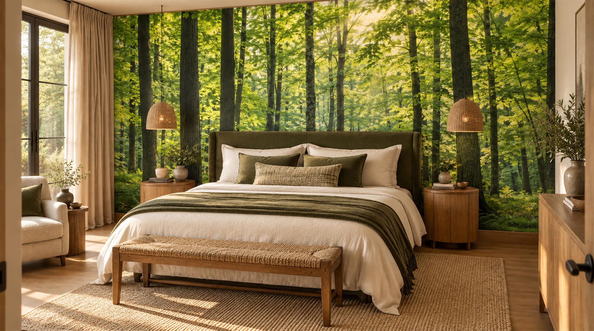 Green And Neutral Woodland Trees Layered Wallpaper Mural, Peel-and-stick Finish