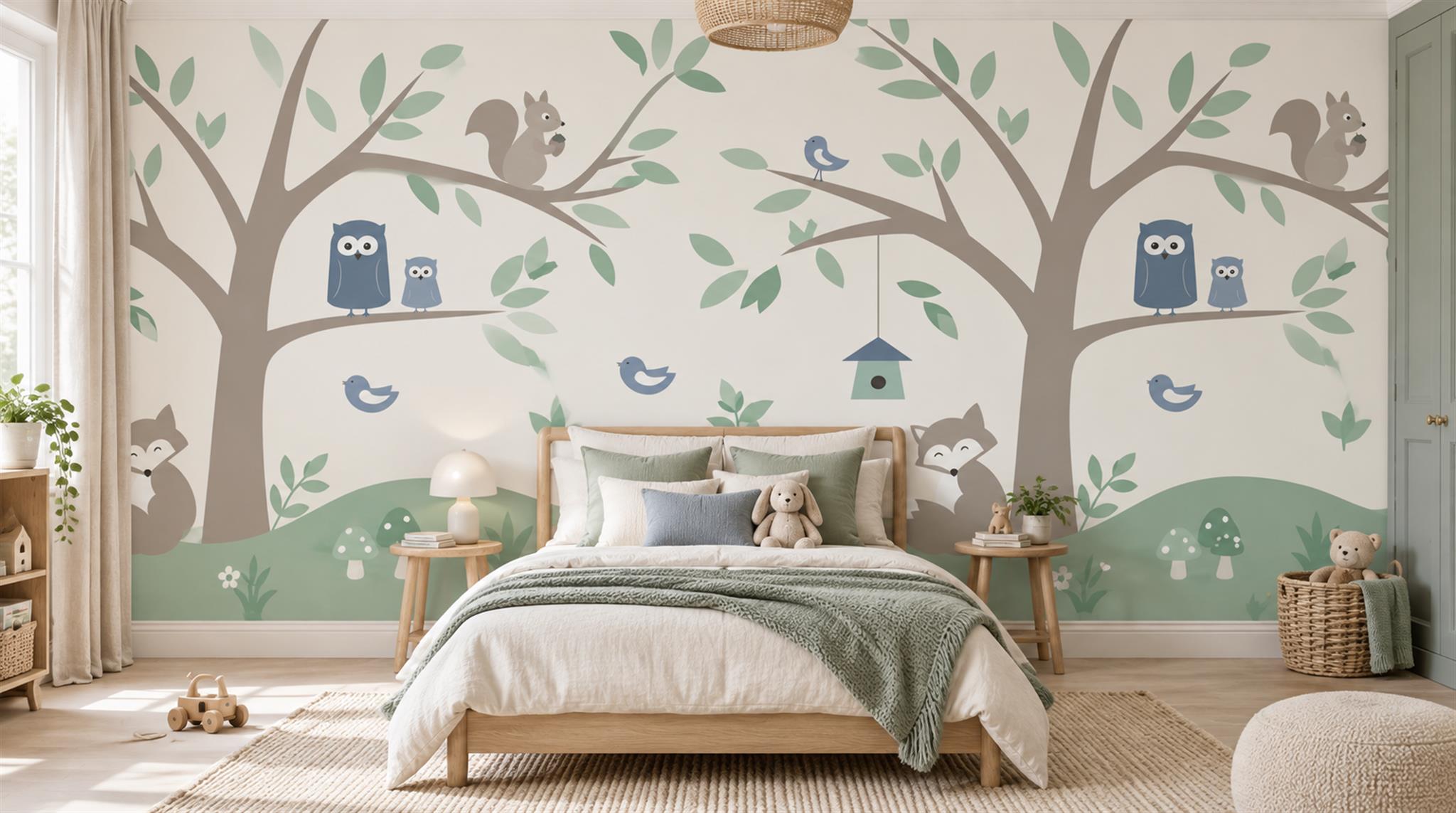 Sage Green And Neutral Abstract Forms Wallpaper Textured Wallpaper Kids-room-wallpaper-murals, Shown In A Nursery, Peel-and-stick Finish