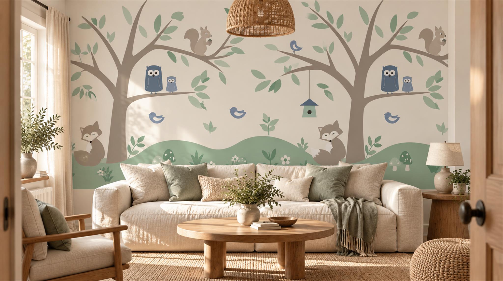Sage Woodland Animals And Tree Nursery Wallpaper Mural — Installed Wallpaper Mural In A Nursery, Peel-and-stick Finish