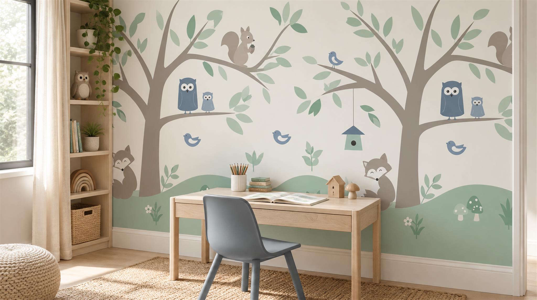 Sage Green And Neutral Abstract Forms Wallpaper Textured Wallpaper Accent-wall-wallpaper-murals, Shown In A Nursery, Peel-and-stick Finish