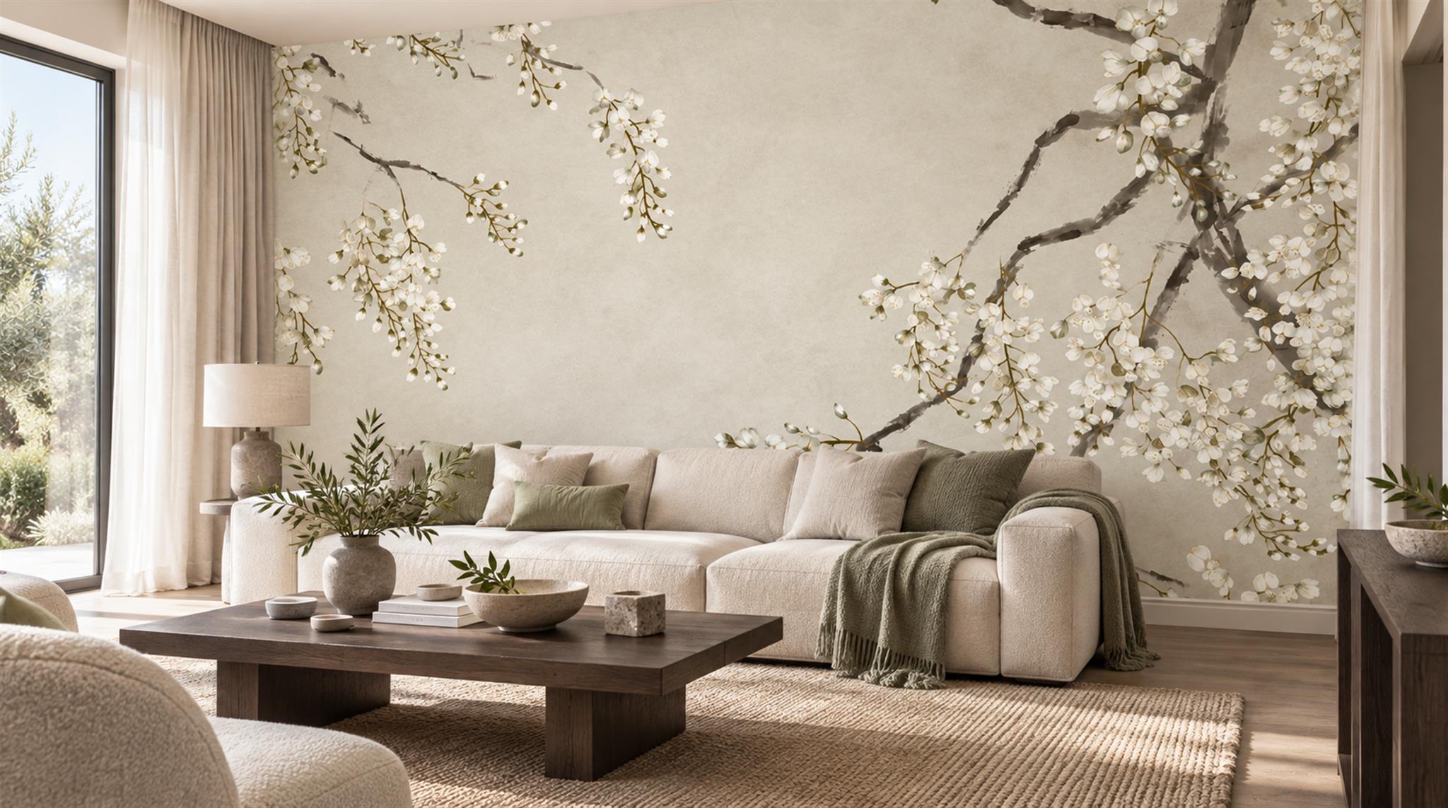 Ivory And Neutral Abstract Forms Textured Wallpaper Mural Living-room-wallpaper-murals, Shown In A Living Room, Peel-and-stick Finish