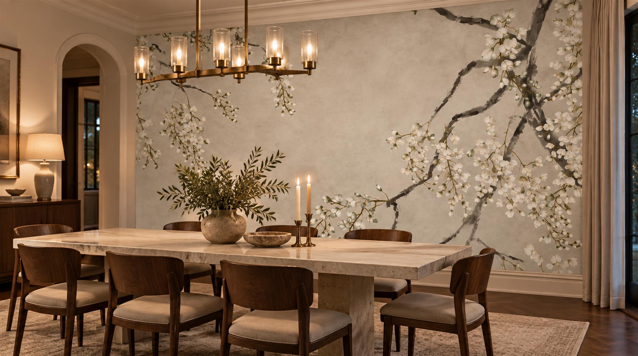 Ivory And Neutral Abstract Forms Textured Wallpaper Mural Dining-room-wallpaper-murals, Shown In A Dining Room, Peel-and-stick Finish