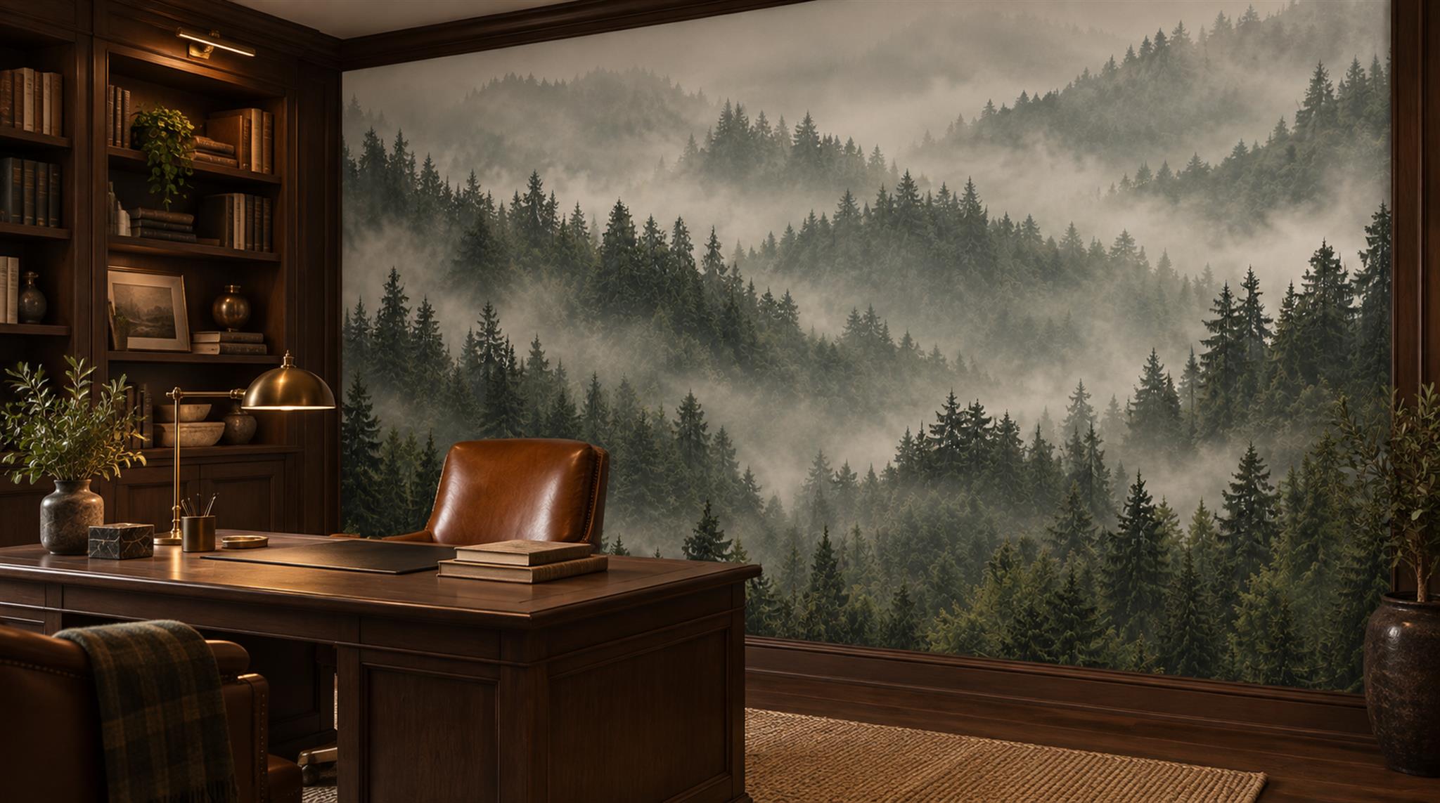 Grey And Neutral Woodland Trees Wallpaper Mural Office-wallpaper-murals, Shown In A Home Office, Peel-and-stick Finish