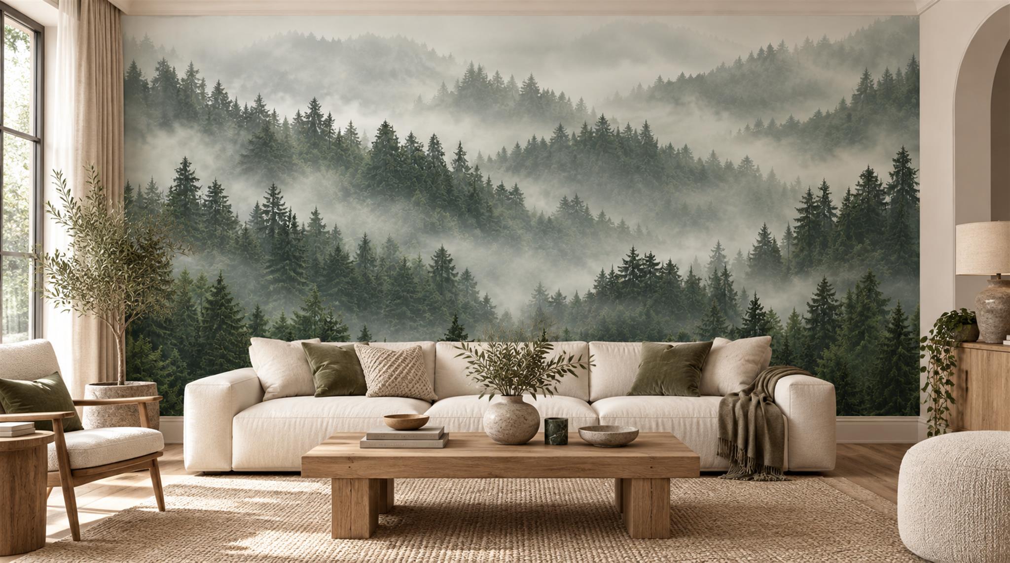 Misty Evergreen Mountain Forest Wallpaper Mural — Wallpaper Mural Design, Peel-and-stick Finish