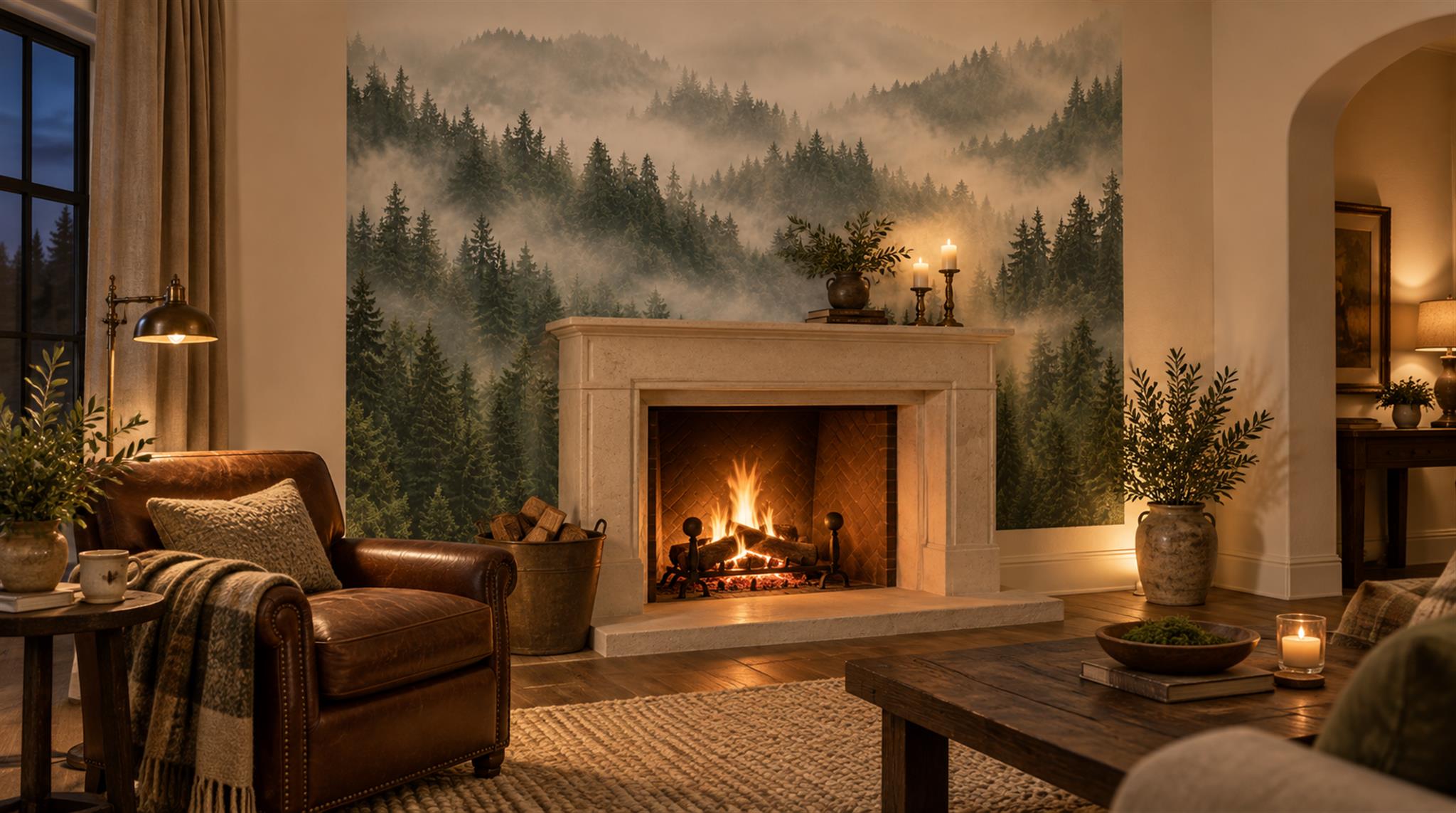 Grey And Neutral Woodland Trees Wallpaper Mural Accent-wall-wallpaper-murals, Peel-and-stick Finish