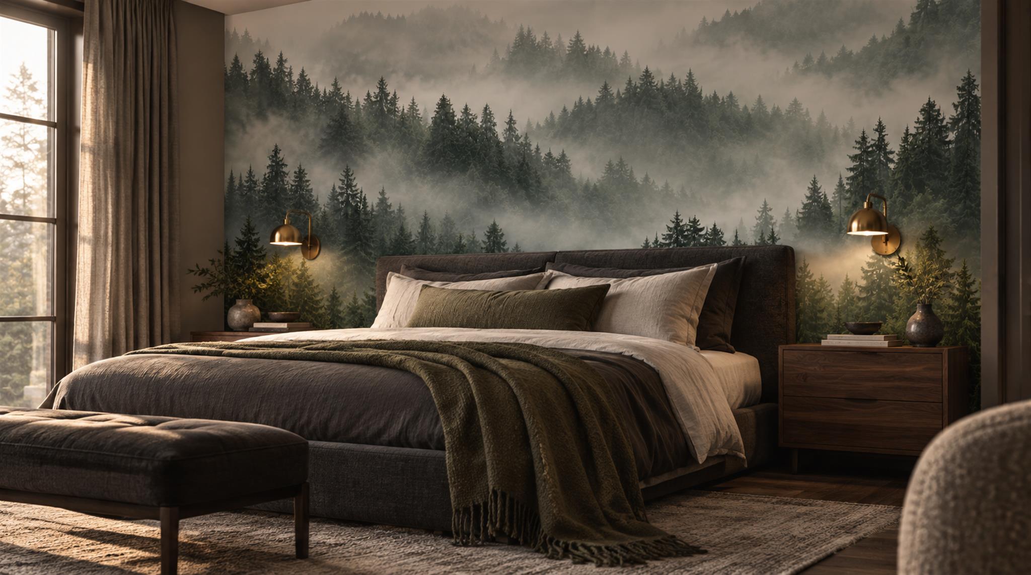Grey And Neutral Woodland Trees Wallpaper Mural Living-room-wallpaper-murals, Peel-and-stick Finish