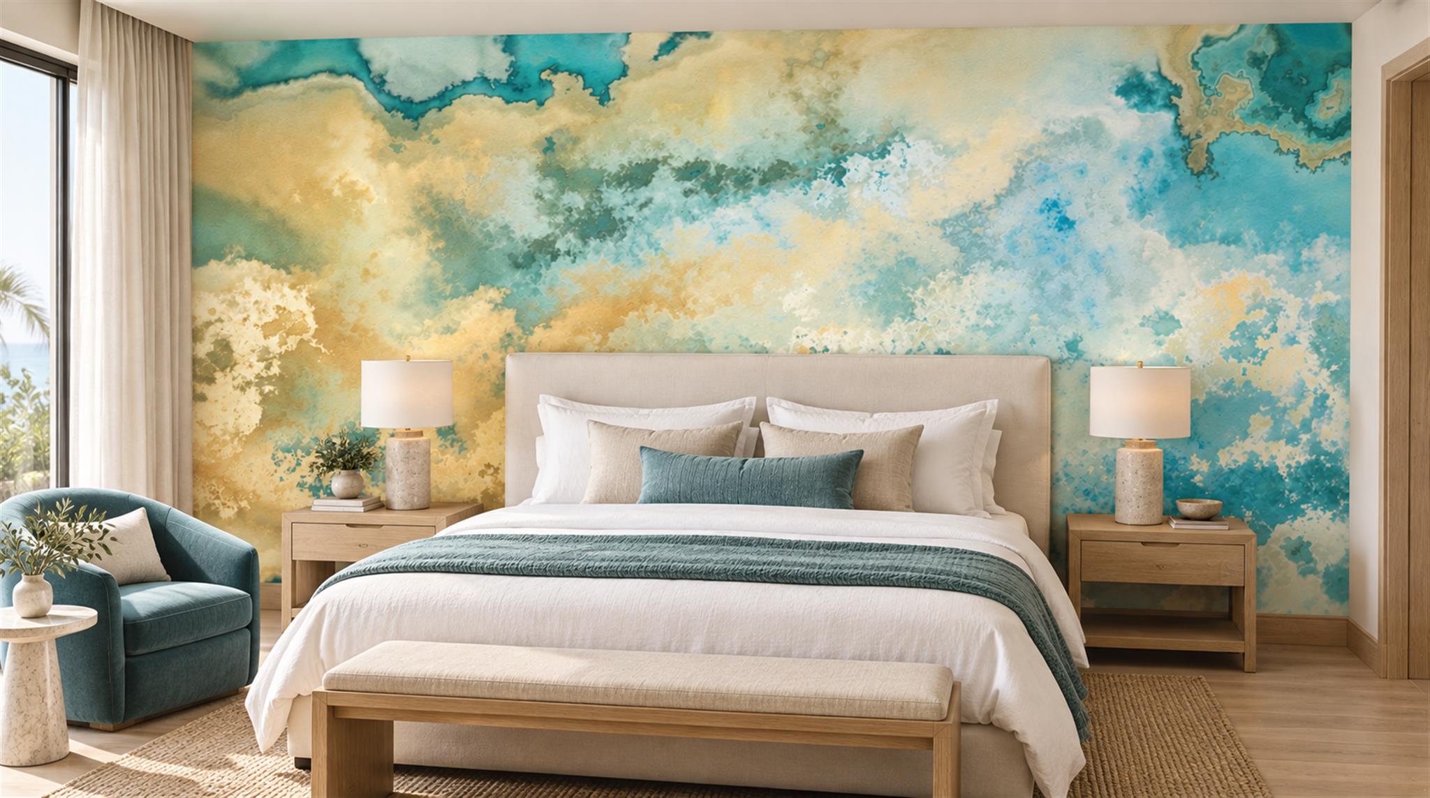 Red And Aqua Decorative Patterning Painterly Wallpaper Mural Feature-wall-wallpaper-murals, Peel-and-stick Finish