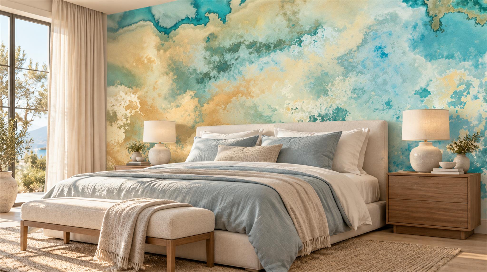 Red And Aqua Decorative Patterning Painterly Wallpaper Mural Bedroom-wallpaper-murals, Peel-and-stick Finish