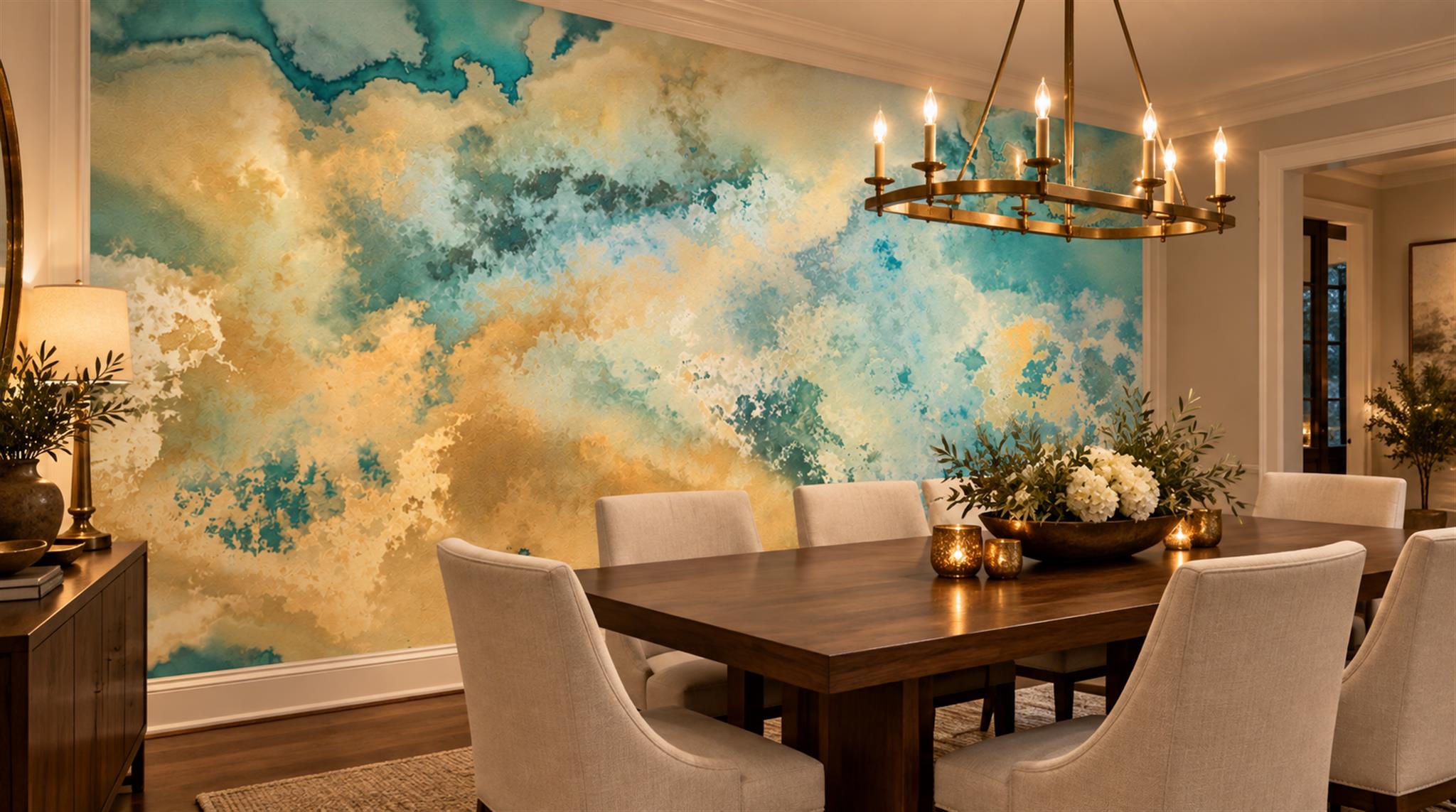 Red And Aqua Decorative Patterning Painterly Wallpaper Mural Dining-room-wallpaper-murals, Shown In A Dining Room, Peel-and-stick Finish