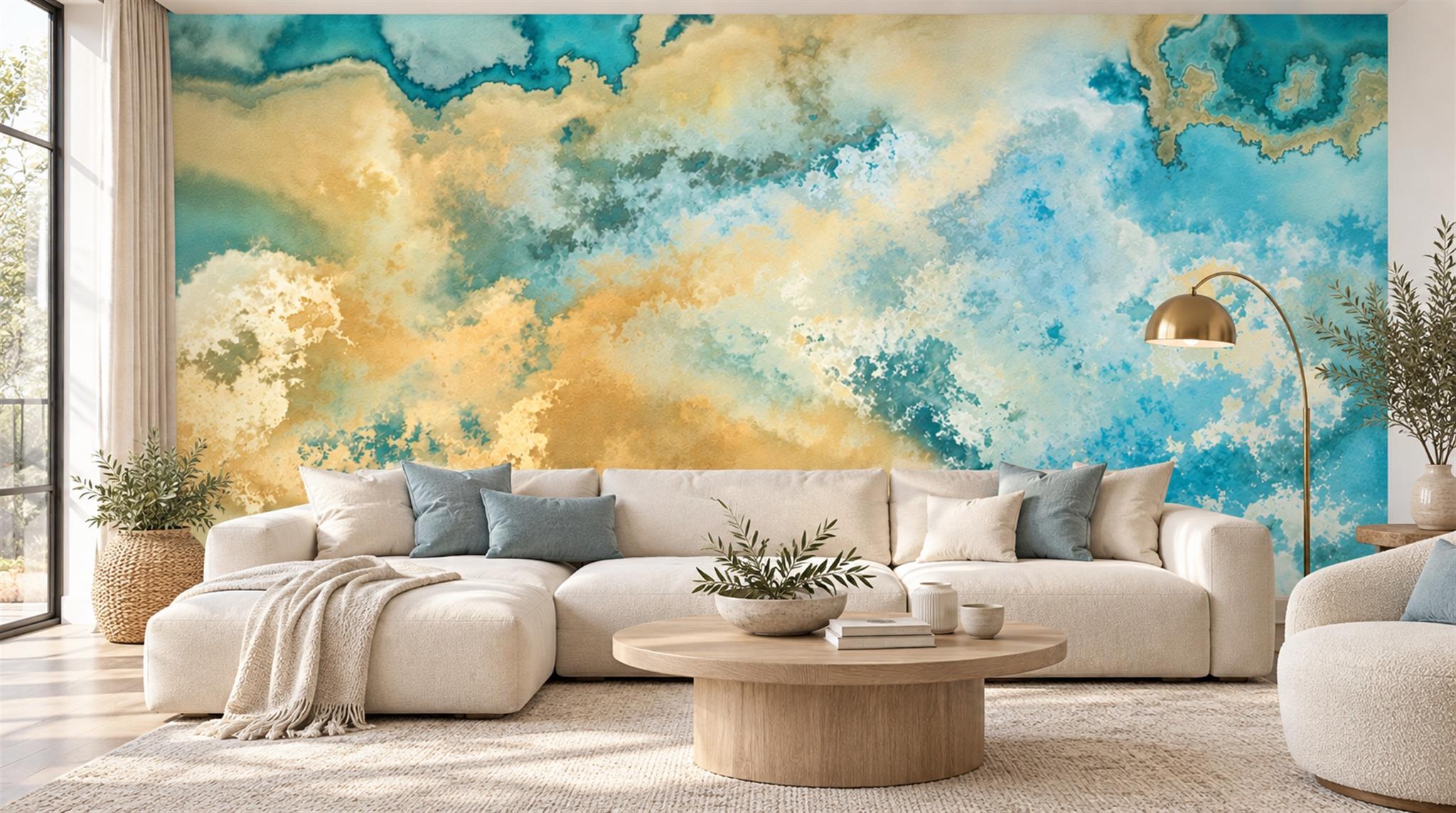 Red And Aqua Decorative Patterning Painterly Wallpaper Mural Living-room-wallpaper-murals, Peel-and-stick Finish
