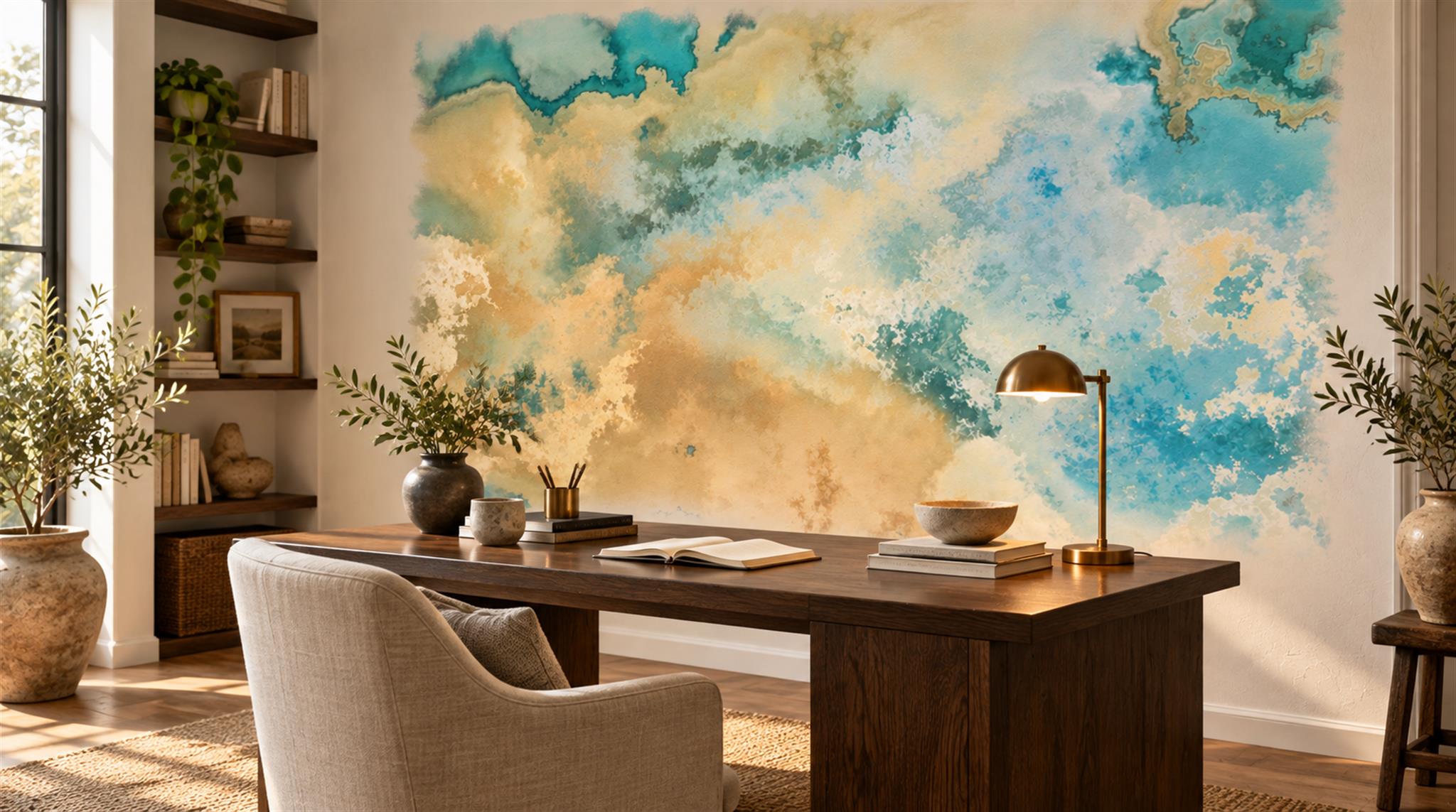 Red And Aqua Decorative Patterning Painterly Wallpaper Mural Living-room-wallpaper-murals, Peel-and-stick Finish