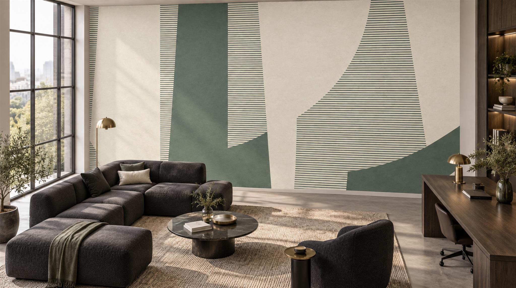 Neutral Abstract Forms Painterly Wallpaper Mural Office-wallpaper-murals, Shown In A Home Office, Peel-and-stick Finish