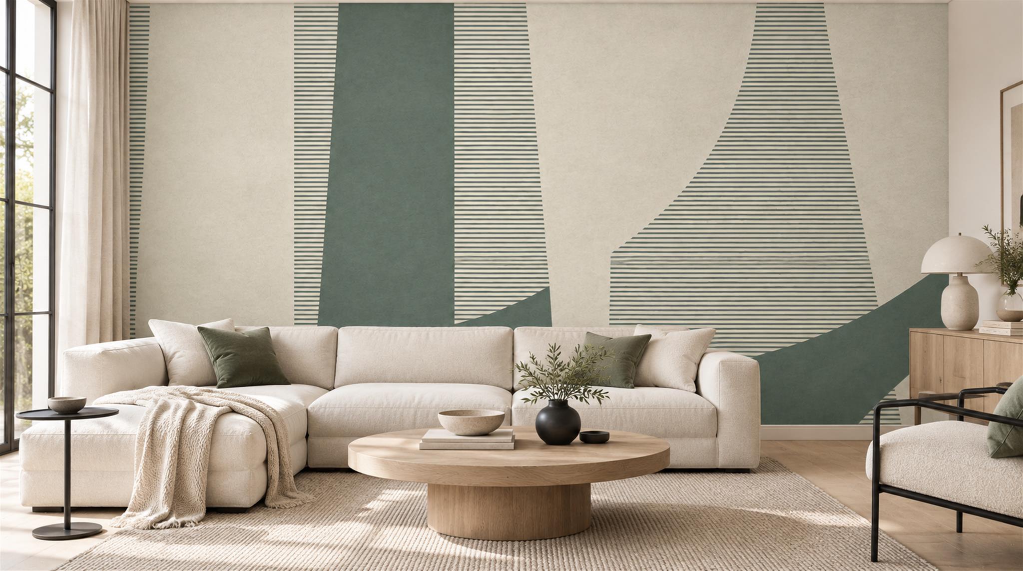 Neutral Abstract Forms Painterly Wallpaper Mural Living-room-wallpaper-murals, Shown In A Living Room, Peel-and-stick Finish