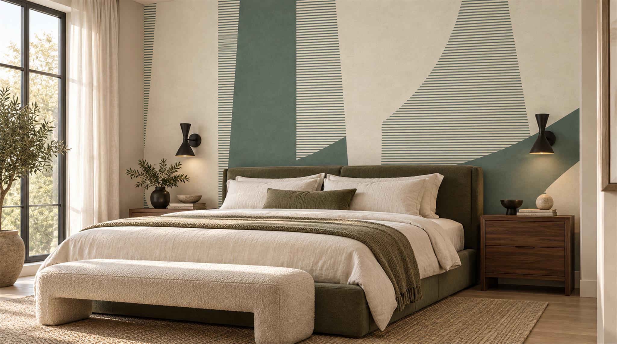 Sage And Ivory Geometric Abstract Wallpaper Mural — Installed Wallpaper Mural In A Bedroom, Peel-and-stick Finish