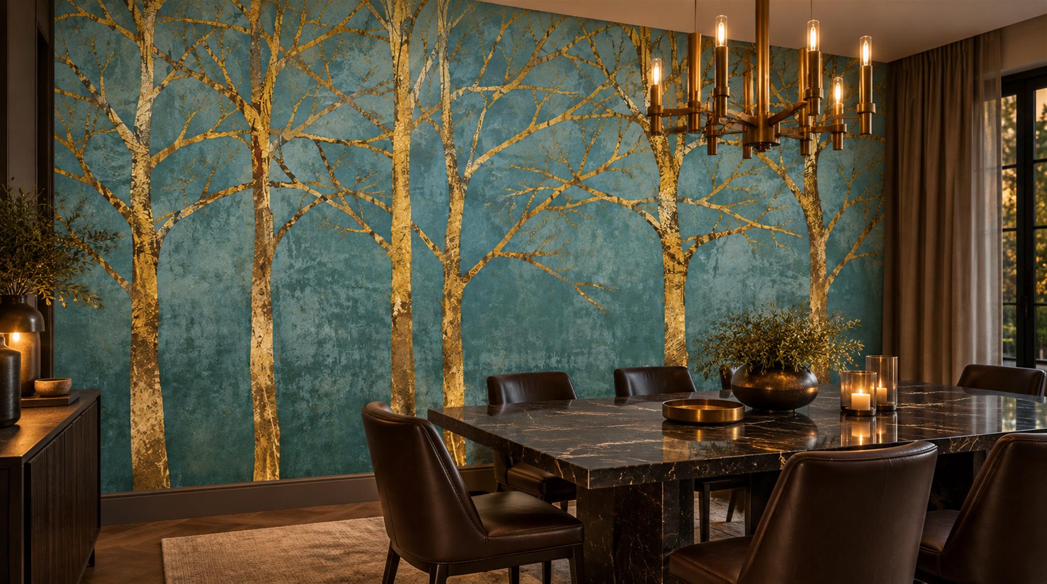 Red And Teal Abstract Forms Decorative Wallpaper Mural Dining-room-wallpaper-murals, Shown In A Dining Room, Peel-and-stick Finish