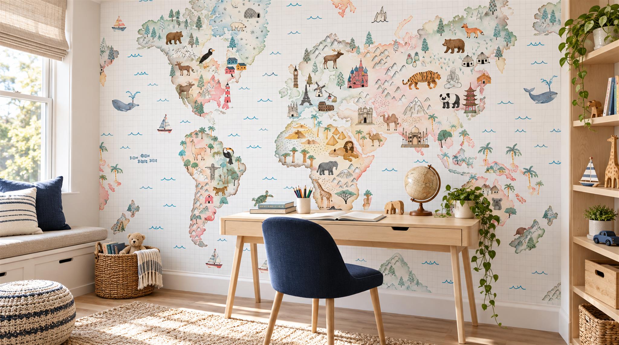 Red And Soft Pastel Abstract Forms Wallpaper Mural Accent-wall-wallpaper-murals, Peel-and-stick Finish