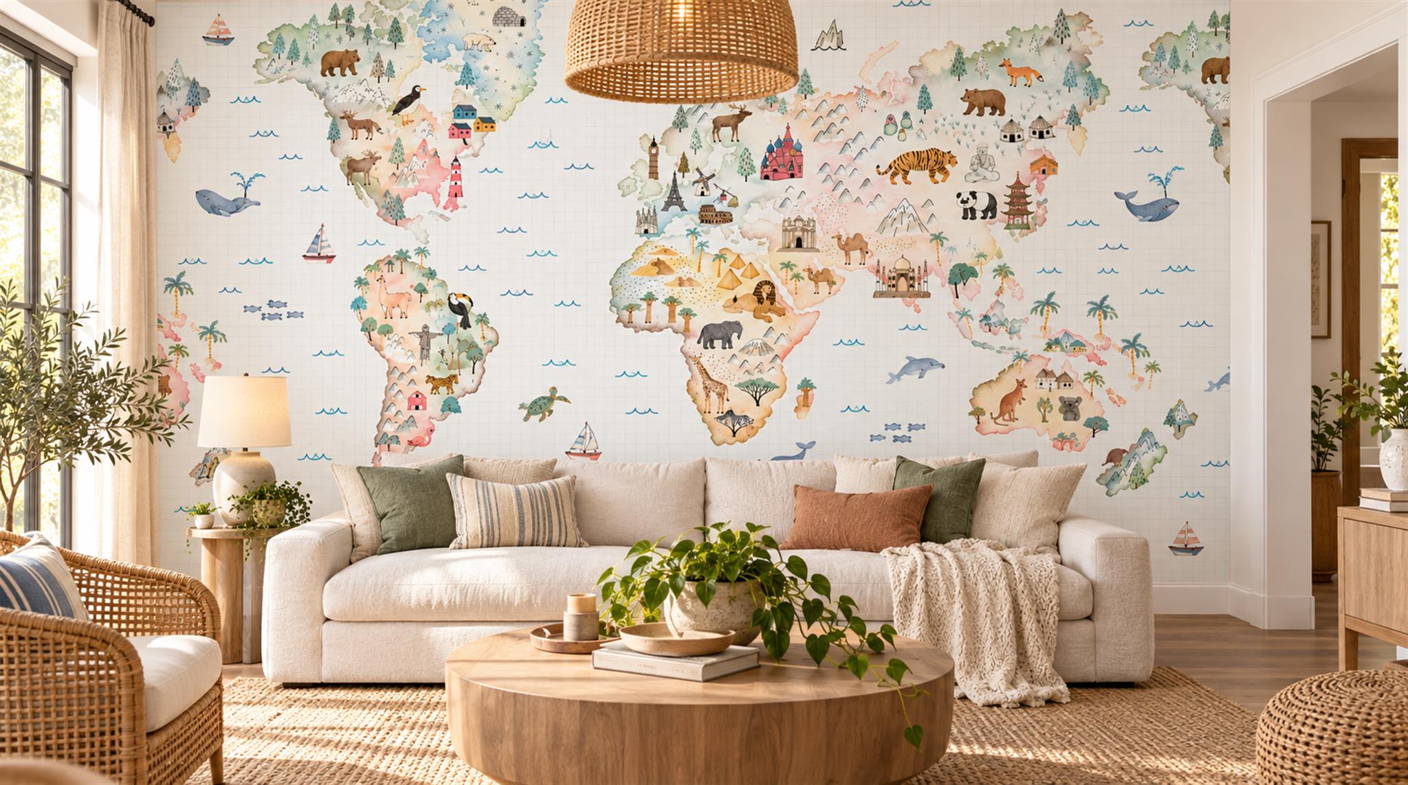 Red And Soft Pastel Abstract Forms Wallpaper Mural Accent-wall-wallpaper-murals, Peel-and-stick Finish