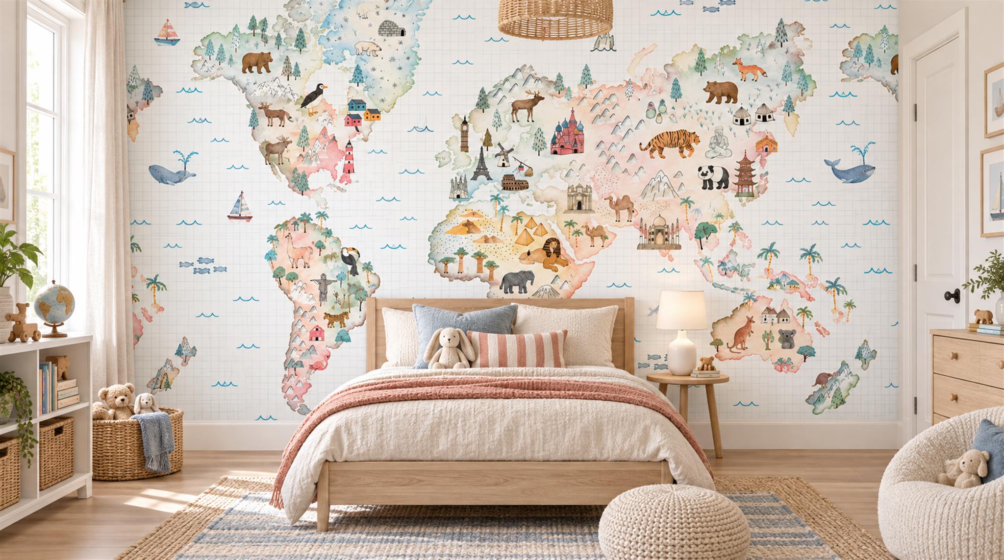 Red And Soft Pastel Abstract Forms Wallpaper Mural Nursery-wallpaper-murals, Peel-and-stick Finish
