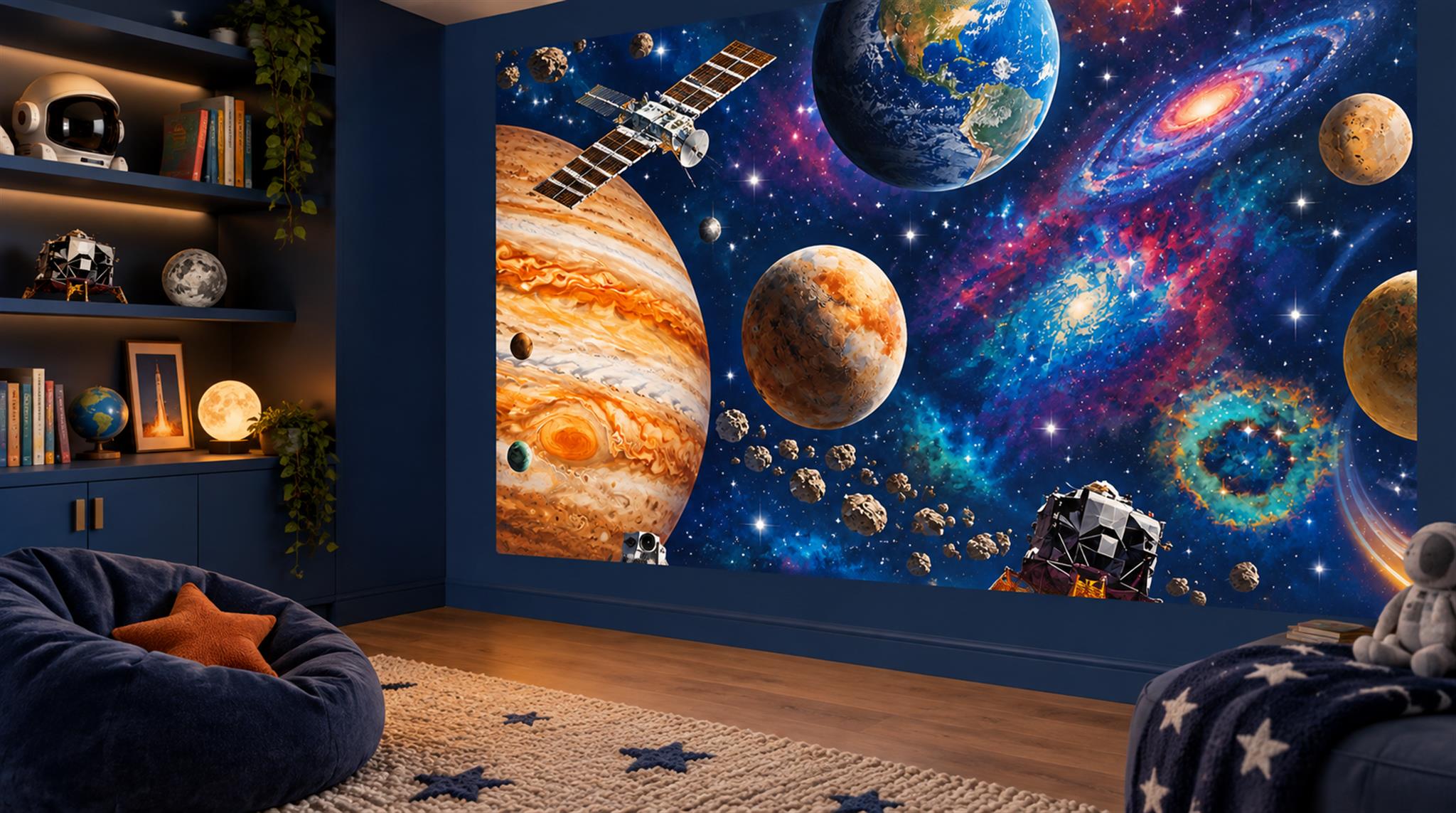 Navy And Neutral Decorative Patterning Wallpaper Mural Accent-wall-wallpaper-murals, Peel-and-stick Finish