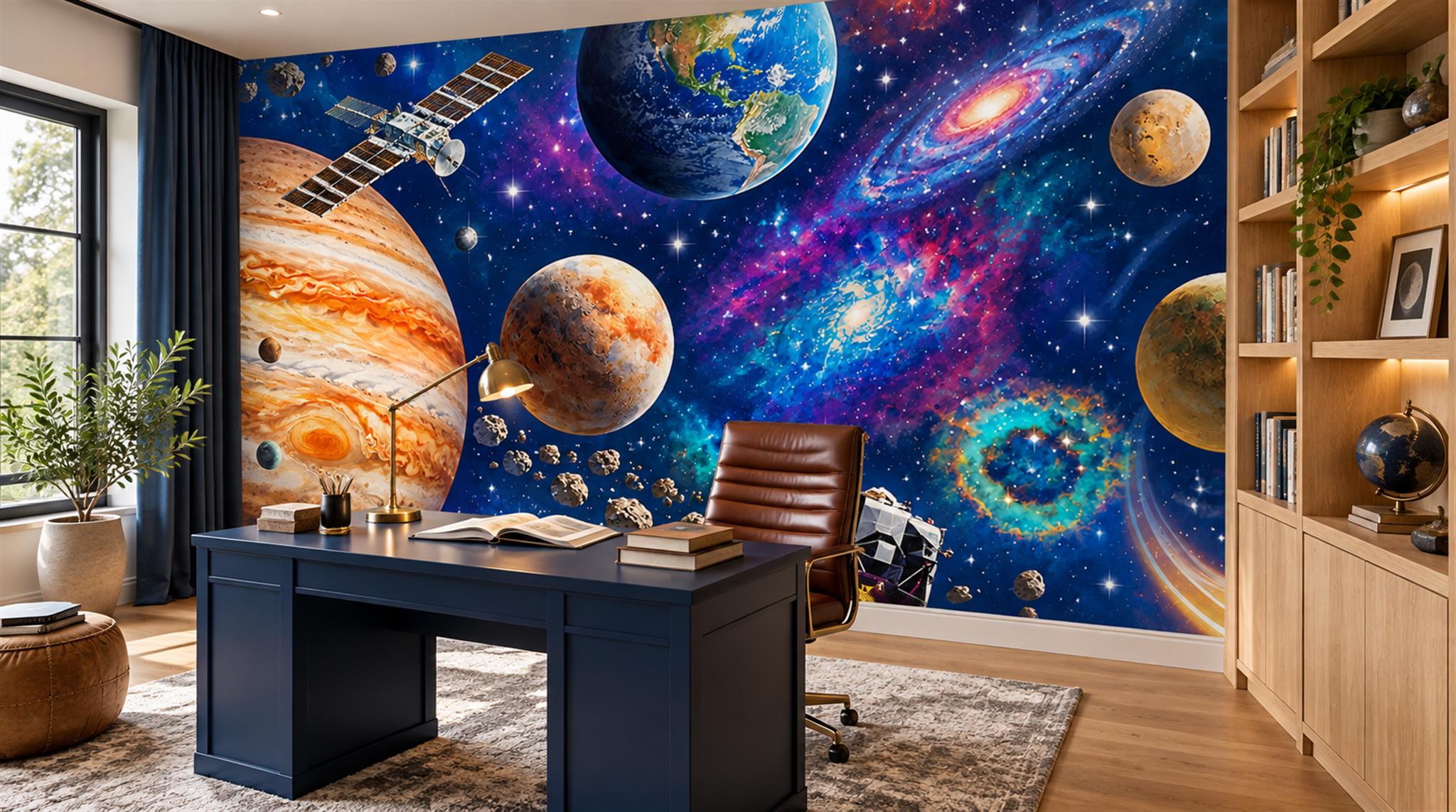 Navy And Neutral Decorative Patterning Wallpaper Mural Accent-wall-wallpaper-murals, Peel-and-stick Finish