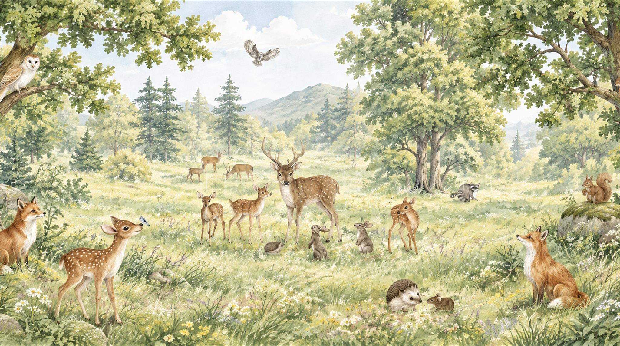 Deer Foxes And Woodland Creatures In A Flowering Forest Wallpaper Mural — Wallpaper Mural Design, Peel-and-stick Finish
