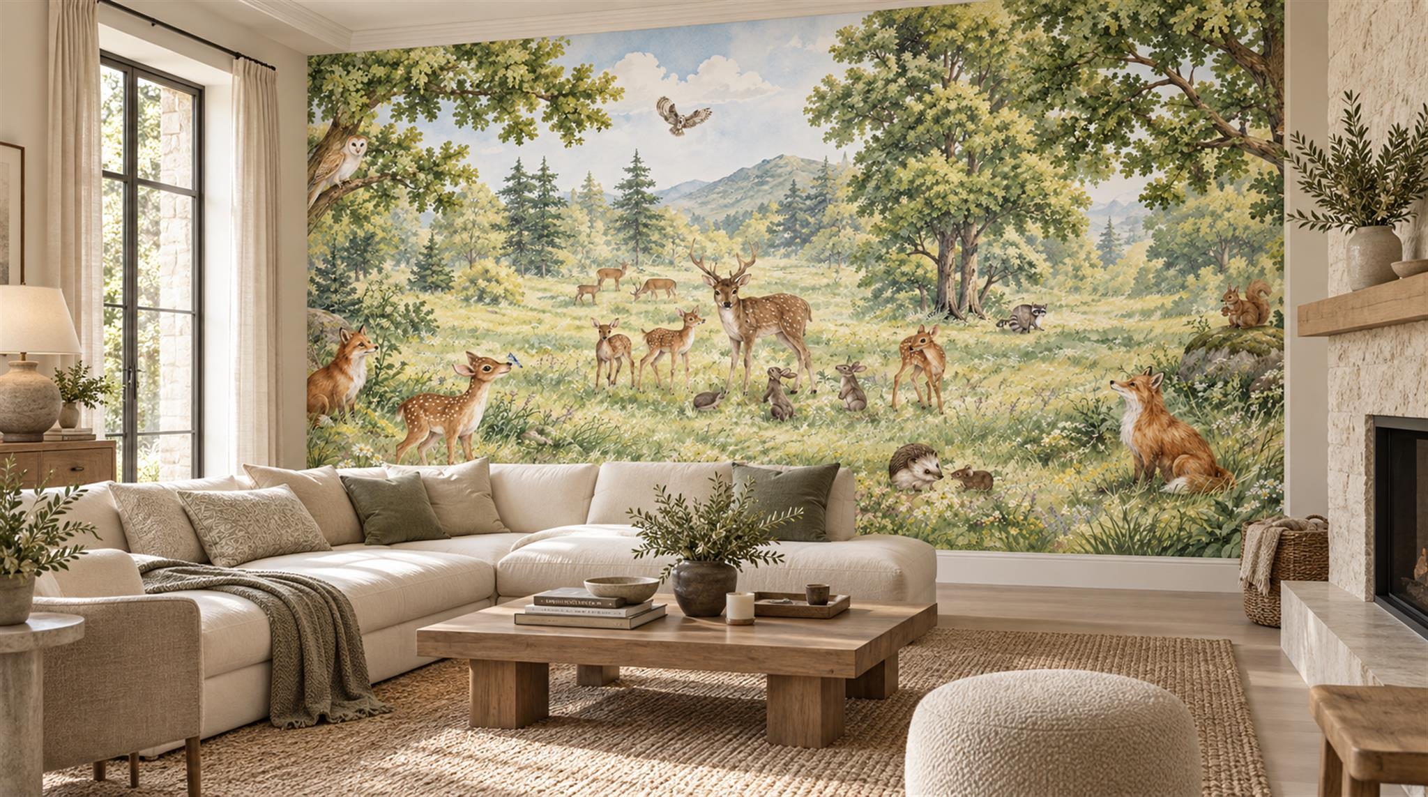Neutral Deer Wallpaper Mural, Shown In A Living Room, Peel-and-stick Finish