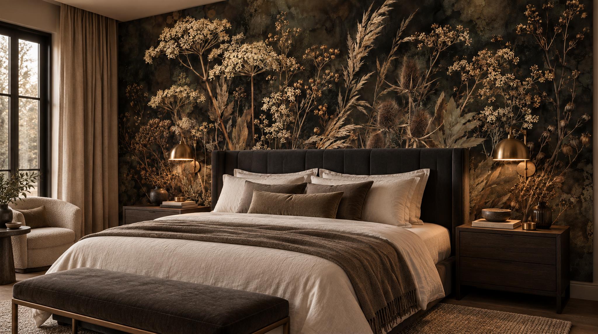 Brown And Neutral Leaf Patterning Wallpaper Mural Accent-wall-wallpaper-murals, Peel-and-stick Finish