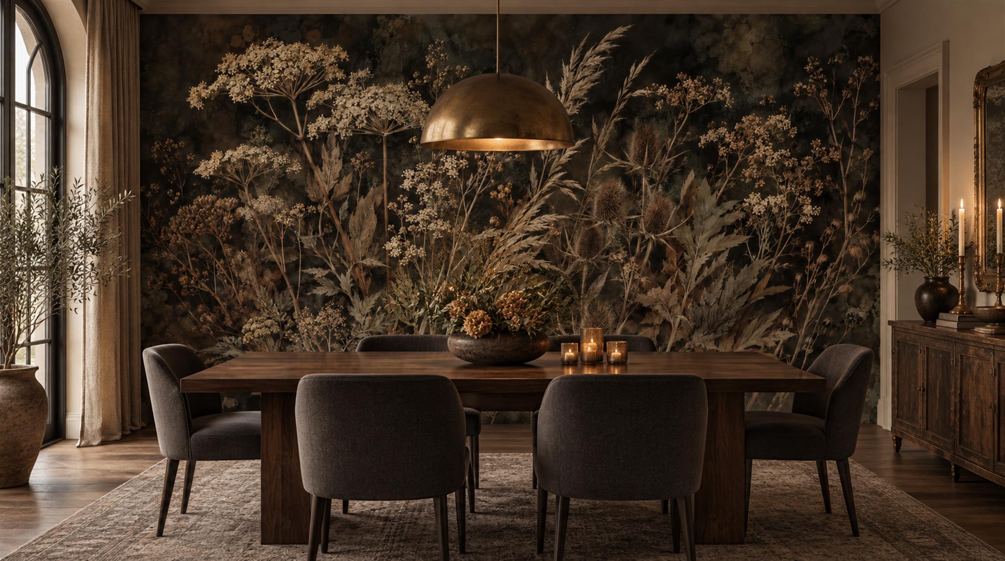 Brown And Neutral Leaf Patterning Wallpaper Mural Dining-room-wallpaper-murals, Shown In A Dining Room, Peel-and-stick Finish